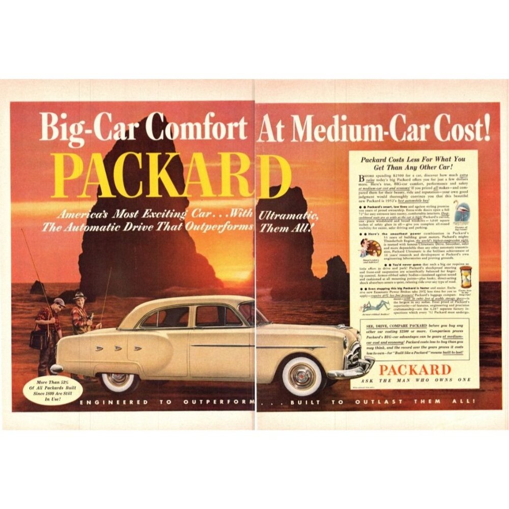 1952 Packard 400 Sedan 2 Page Vintage Print Ad Sunset Rocky Coast 50s Wall Art